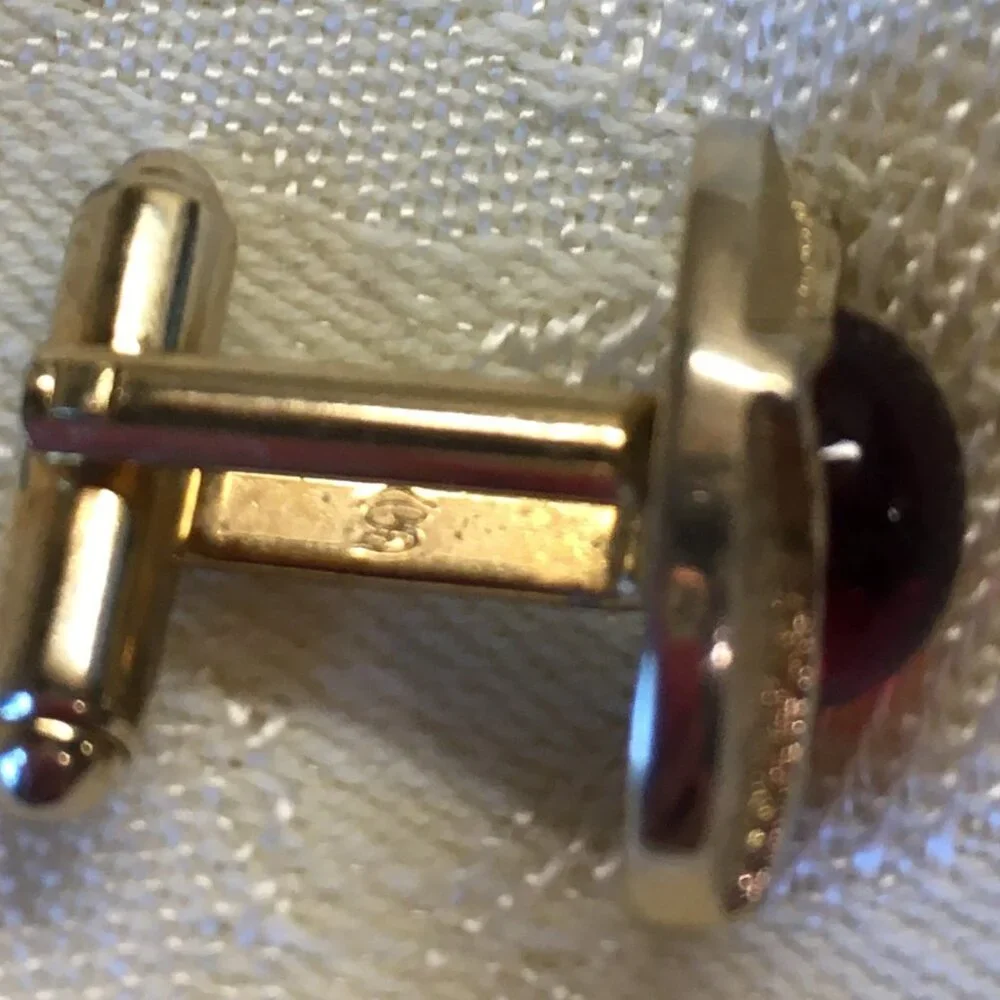 Vintage Goldtone And Red Cabochon Cufflinks Designer Signed